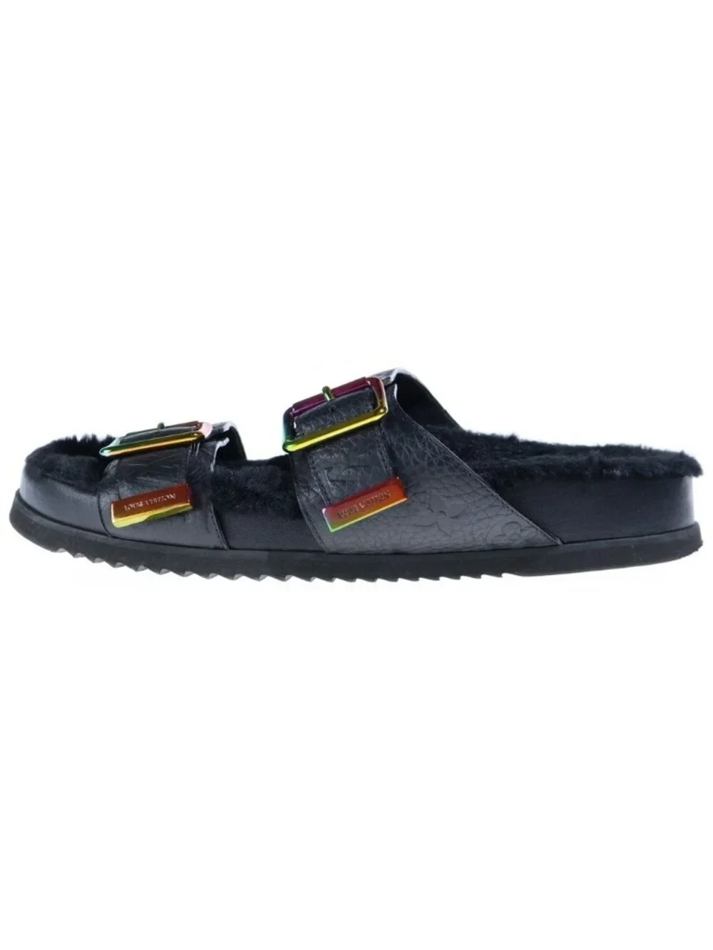 Louis Vuitton Monogram Mirabeau Line Empreinte Leather Sandals Shoes Fur Black